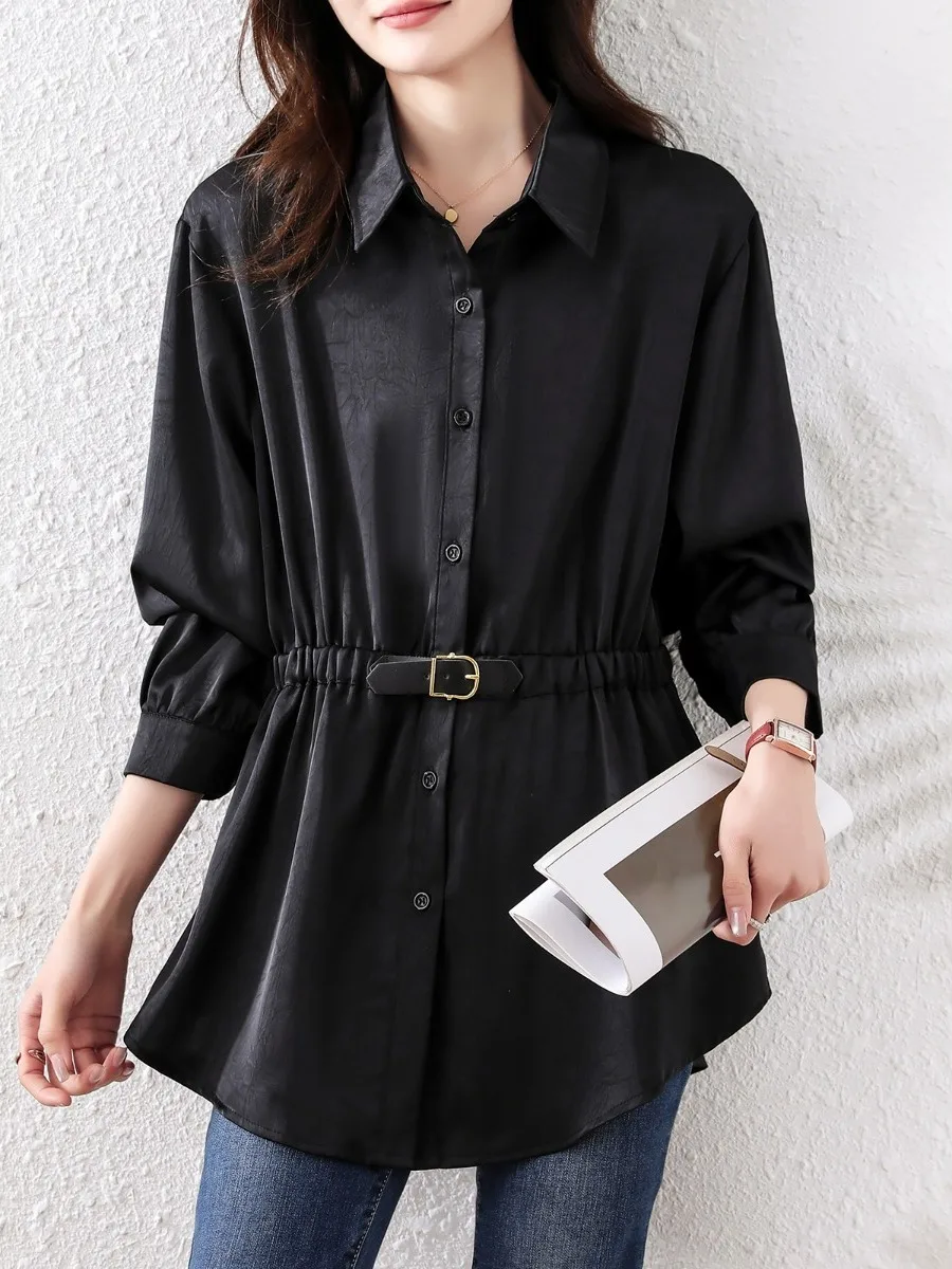 

Bla Long Sve irt Women's Spring Autumn plus Size Waist Cinched Boting irt Casual Sle Collar Regular Fit