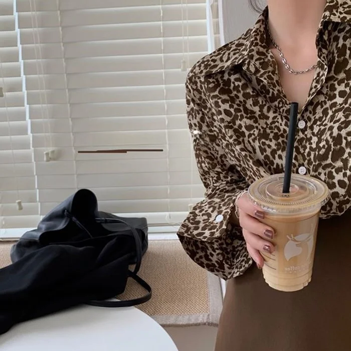 Retro Hong Kong Sle Women's Loose Leopard Print irt Spring Autumn New Faion Slimming Trendy  Collar Button up