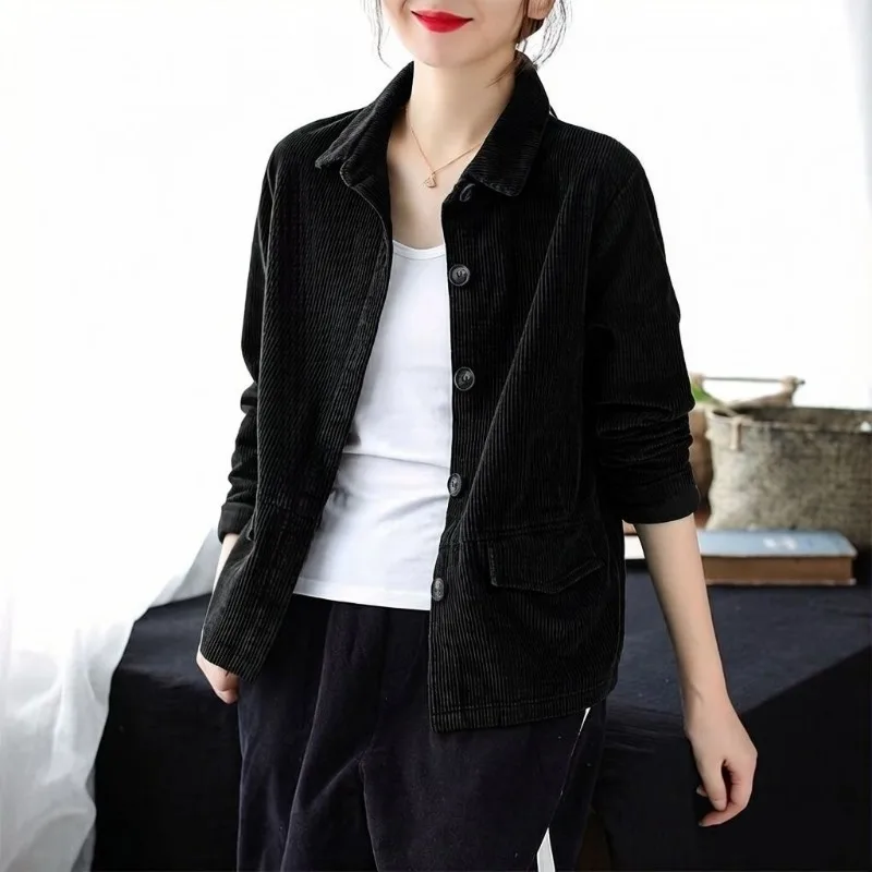 2026 New Corduroy Casual Short Jacket Simple Commuter OL Style Lapel Solid Color Versatile Retro Top