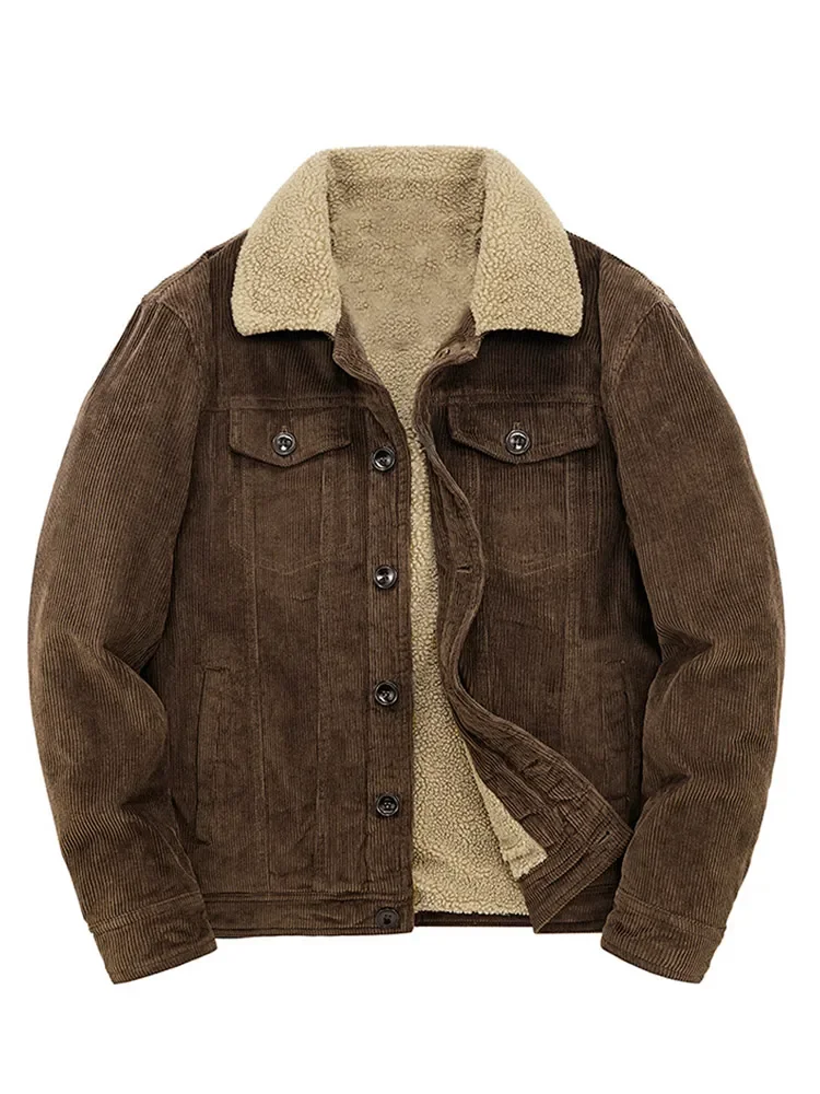 Chaqueta de algodón de pana de invierno para hombre, chaquetas de terciopelo de felpa cálidas con solapa sólida, abrigo Vintage callejero, abrigos gruesos de lana de cordero para hombre 2024