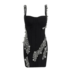 Women Spaghetti Strap Bandage Dress 2024 New Sexy Beading Bodycon Clothes Club Party Evening Mini Dresses