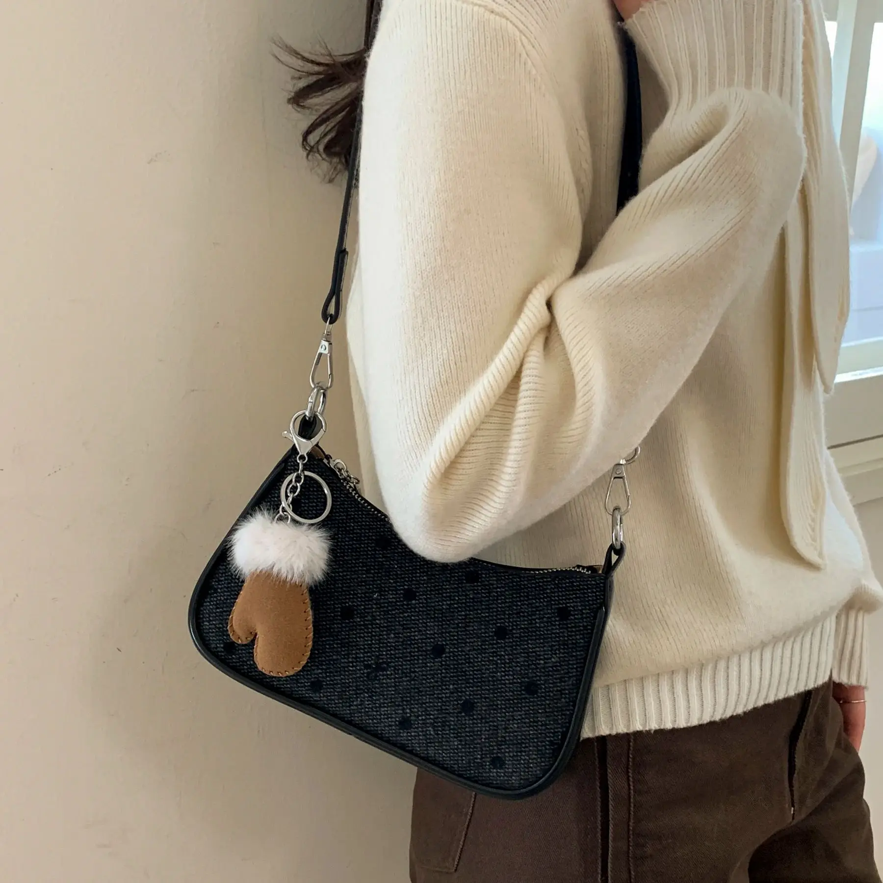 الكورية نمط المرأة حقيبة مربعة صغيرة عصرية البولكا نقطة القوس حقيبة كتف مطبوعة نسيج غير رسمي الربط حقيبة كروسبودي صغيرة