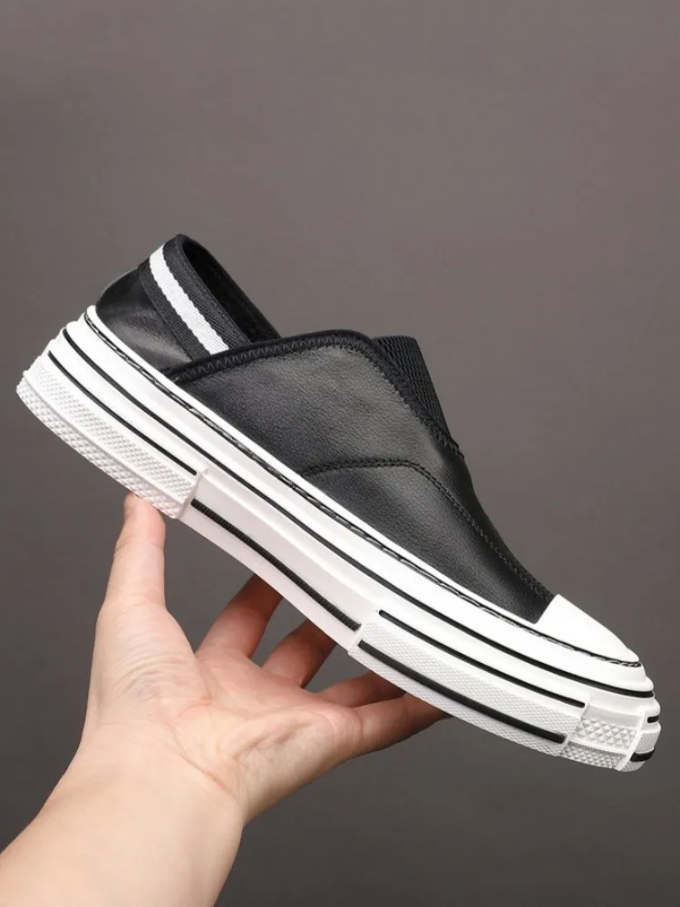 New Spring Summer Mens Casual Shoes Comfortable Breathable Slip-On Genuine Leather Loafers Male Flat Platform Shoes Size:37-45