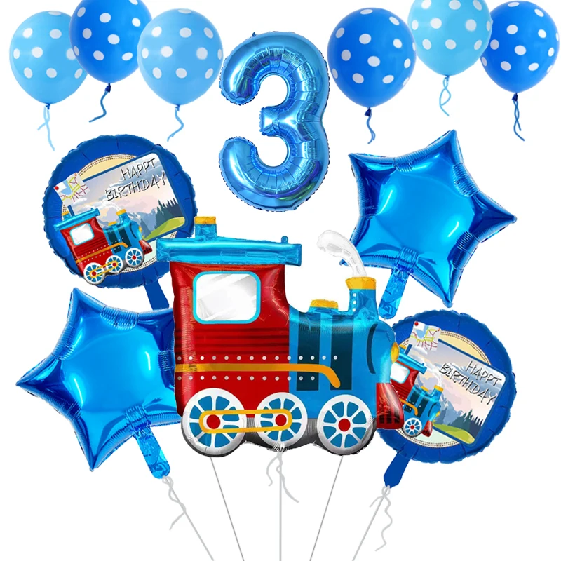 11pcs Train Traffic Foil Balloons Blue Steam Train Star Helium Ballon Kids Baby Shower 1-9 Year Birthday Party Decoration Globos