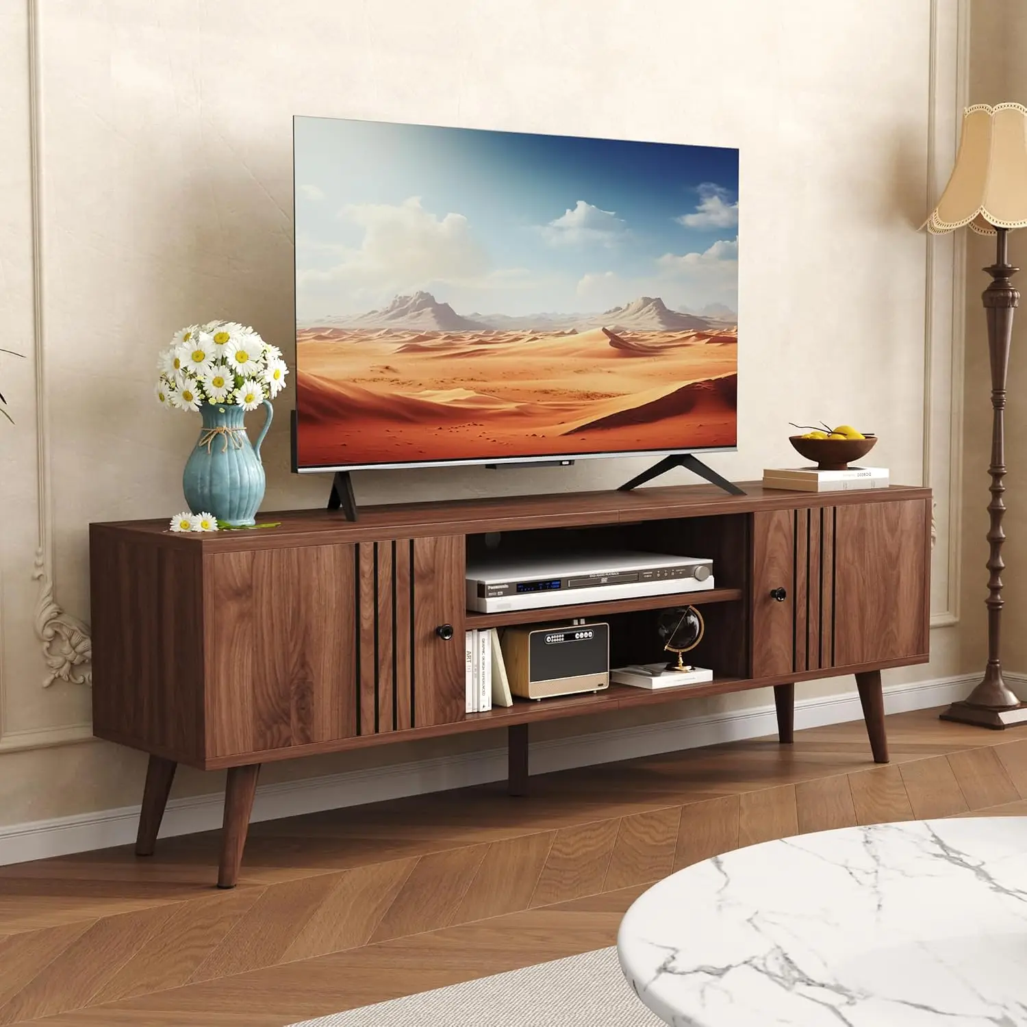 Mid Century Modern Media Console Table Entertainment Center For TVs Up To 65 Inch Walnut