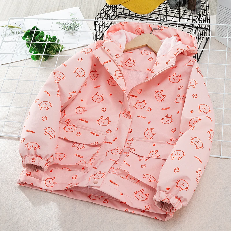 Dubbped Boys Girls Jacket Spring Autumn 2024 Fashion Teen Age Windproof Waterproof Cartoon Outerwear Fleece Hooded Kids Clothes