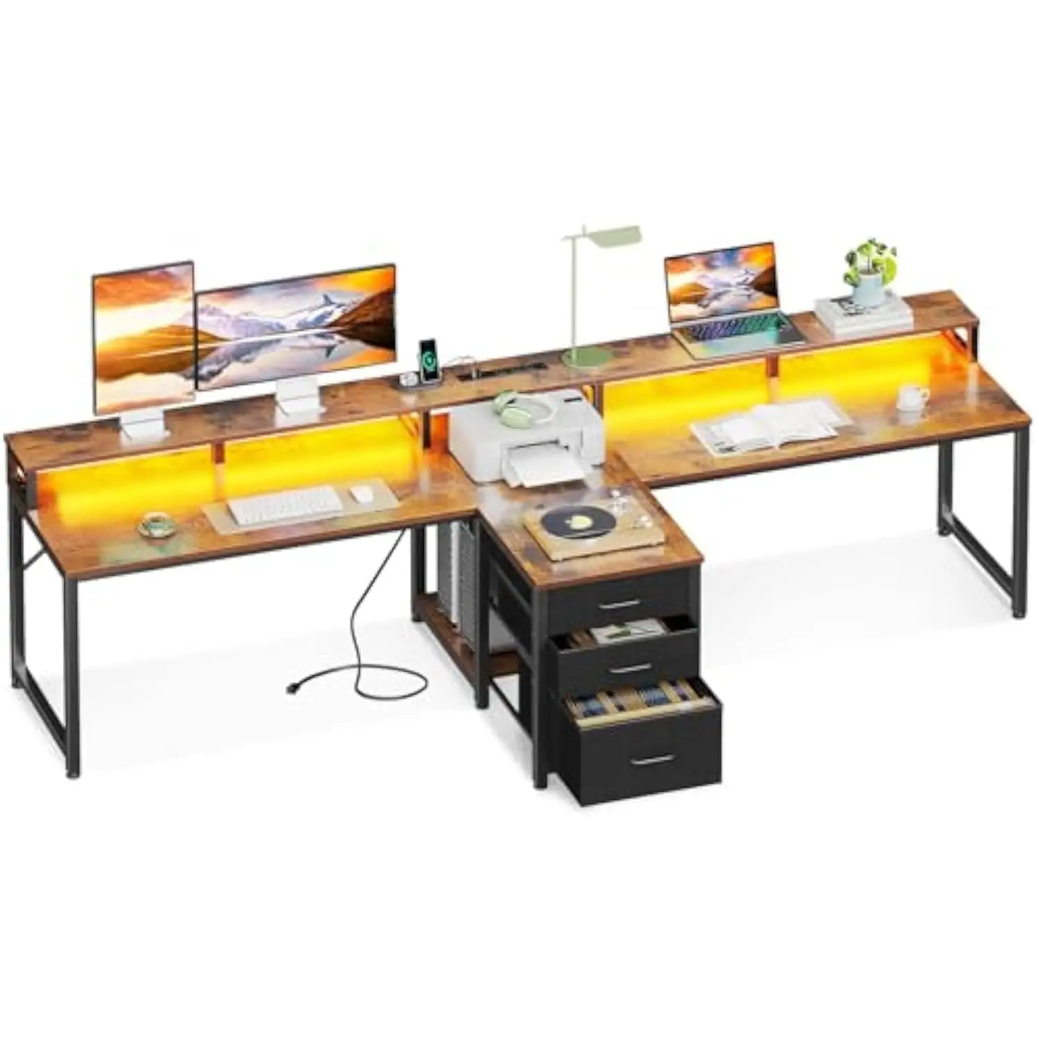 

Coleshome 94" Computer Desk with Fabric Drawer & File Cabinet- 2 Person Home Office Desk with Power Outlet & LED Light, Long Wr