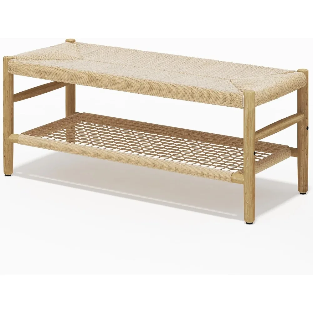 

Indoor Entryway Bench with Paper Cord Ottoman & Grid Storage Rack, Mid-Century Long Bench with Rubber Wood Legs