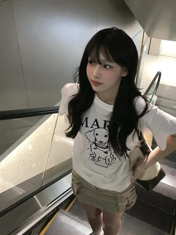 

Корейская футболка с мультяшным принтом собаки, белая футболка ort Sve, женская летняя шикарная свободная футболка универсального дизайна, хлопковый топ 00%