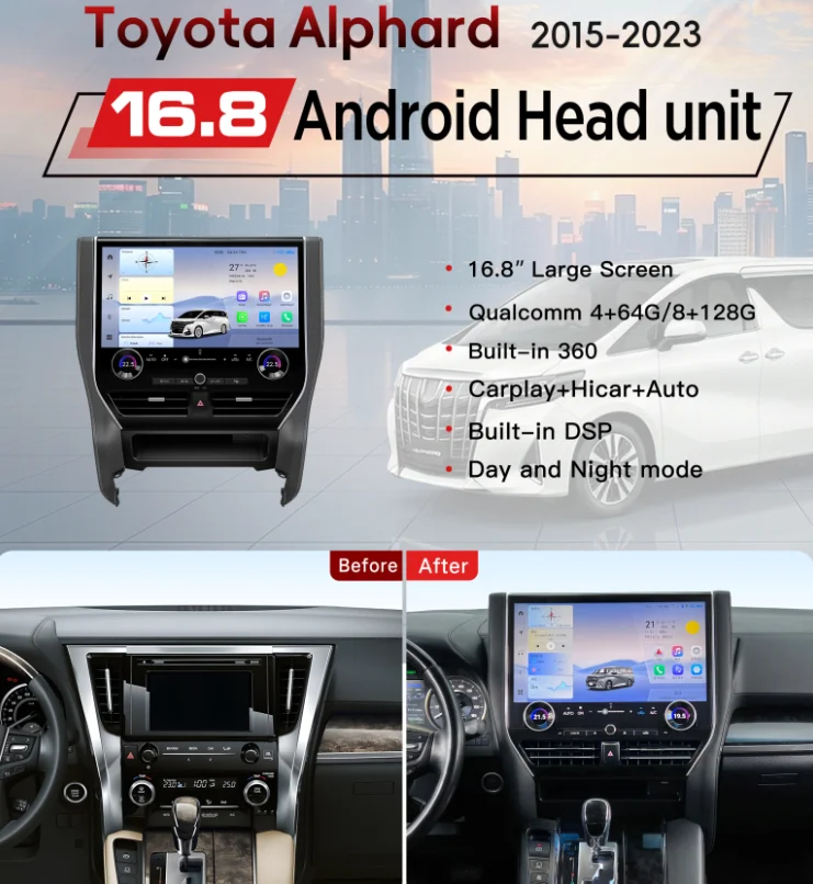 

16.8inch For Toyota Alphard Vellfire 30 Series A30 2015-2023 Upgraded Alphard 40 Series A40 CarPlay GPS Navigation Multimedia