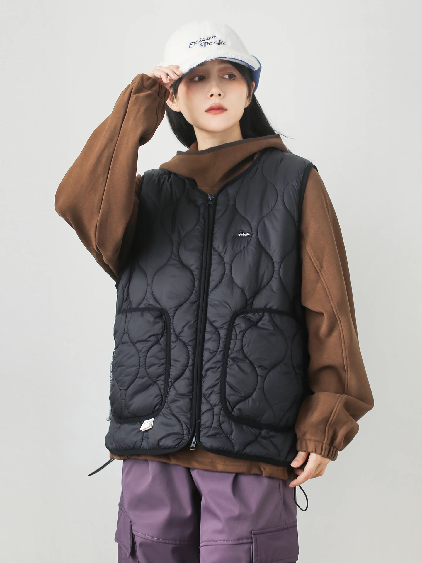Mandu Outdoor Lightweight Sleeveless Thickened Zipper Vest Unisex Warmth Diamond Patterned Cotton Jacket Dark Blue