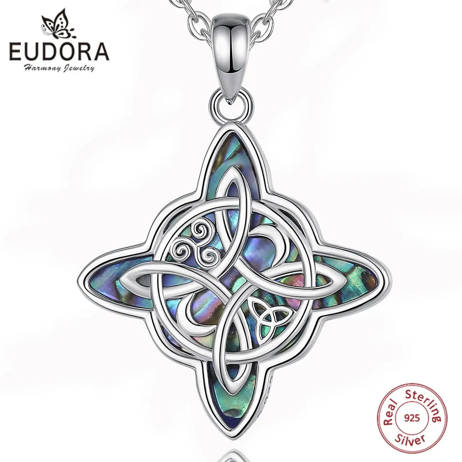 Eudora-925 Sterling Silver Witch Nó Colar para Homens e Mulheres, Pingente Abalone Natural, Amuleto de Bruxaria, Jóias Wicca Originais