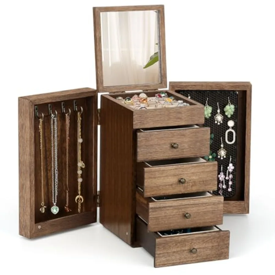 Jewelry Box Wood for Wowen 5-Layer Large Organizer Box with Mirror and 4 Drawers for Rings Earrings Necklaces Walnut