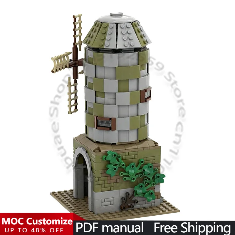 

660 деталей: Средневековая городская ветряная мельница MOC, модульная конструкторская модель, популярный дизайн, DIY, игрушка для мальчиков, подарок на праздник