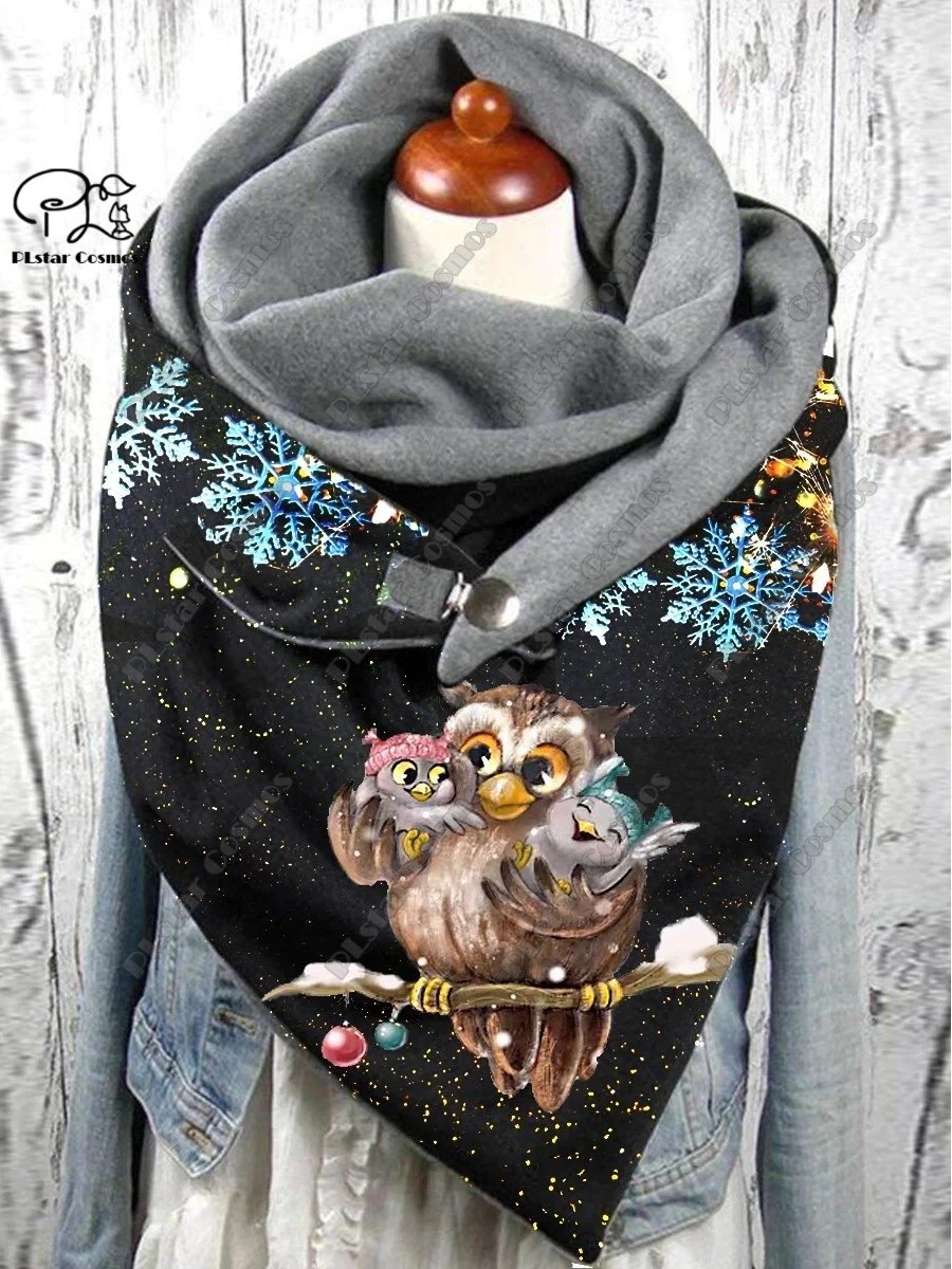 3D printed animal series cute owl pattern warm shawl scarf spring and winter large triangle scarf casual gift