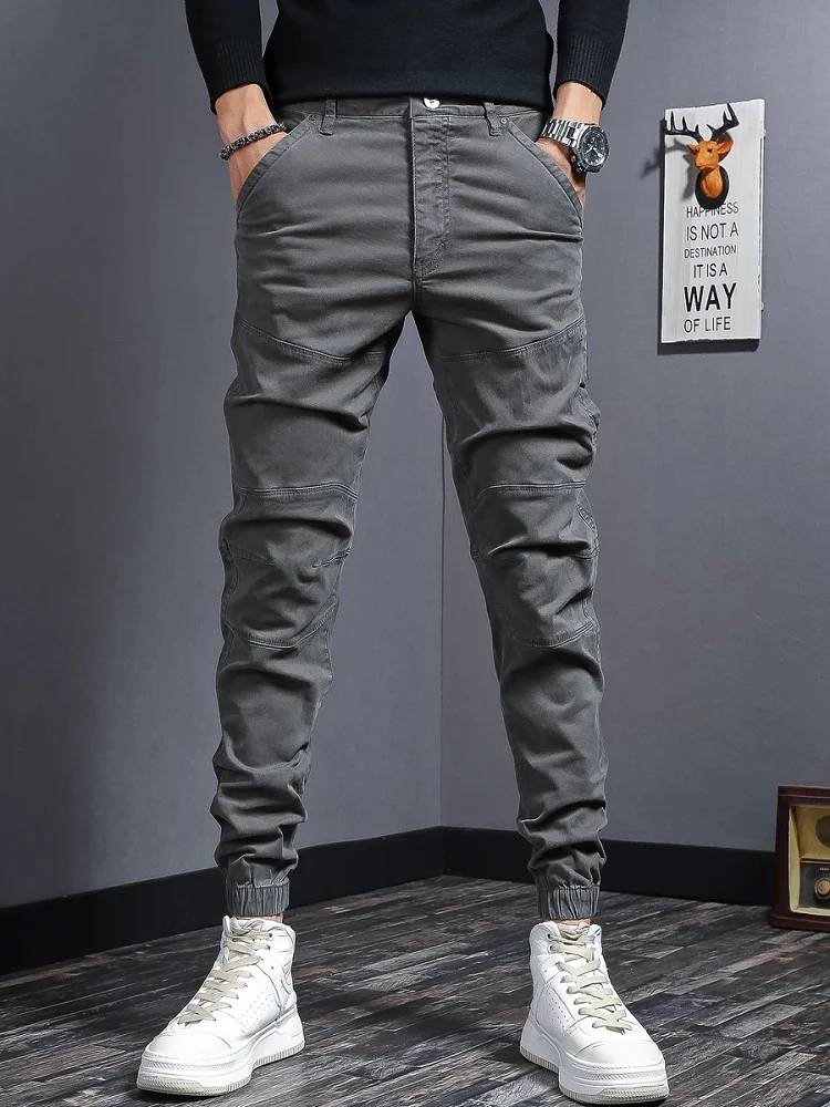 Men's Cotton Gray Cargo Pants Autumn Tactical Casual Stretch Slim Fit Trousers