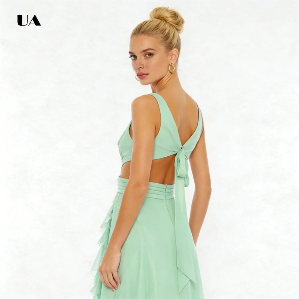 ULBYANRY Asymmetrical Prom Dress with Deep V-neck Sleeveless Cut Out Evening Dress with Ruffled Hem Draped Customized Party Gown