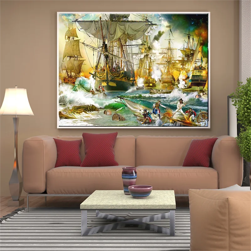 5D Diamond Embroidery Painting Full Round Square Battle On The High Seas Boats Warfare Drill Diy Mosaic Decor Diamond Painting