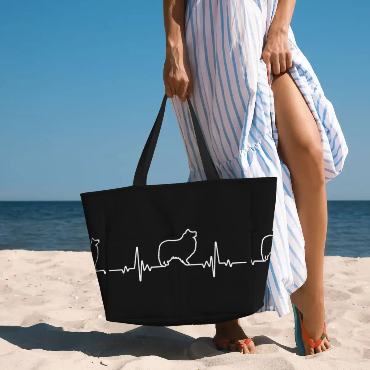 

Minimalist Heartbeat Shetland Sheepdog Beach Tote Bag Sport Gym Yoga Duffle Large Tote Bag Women Travel Bag Fitness bag