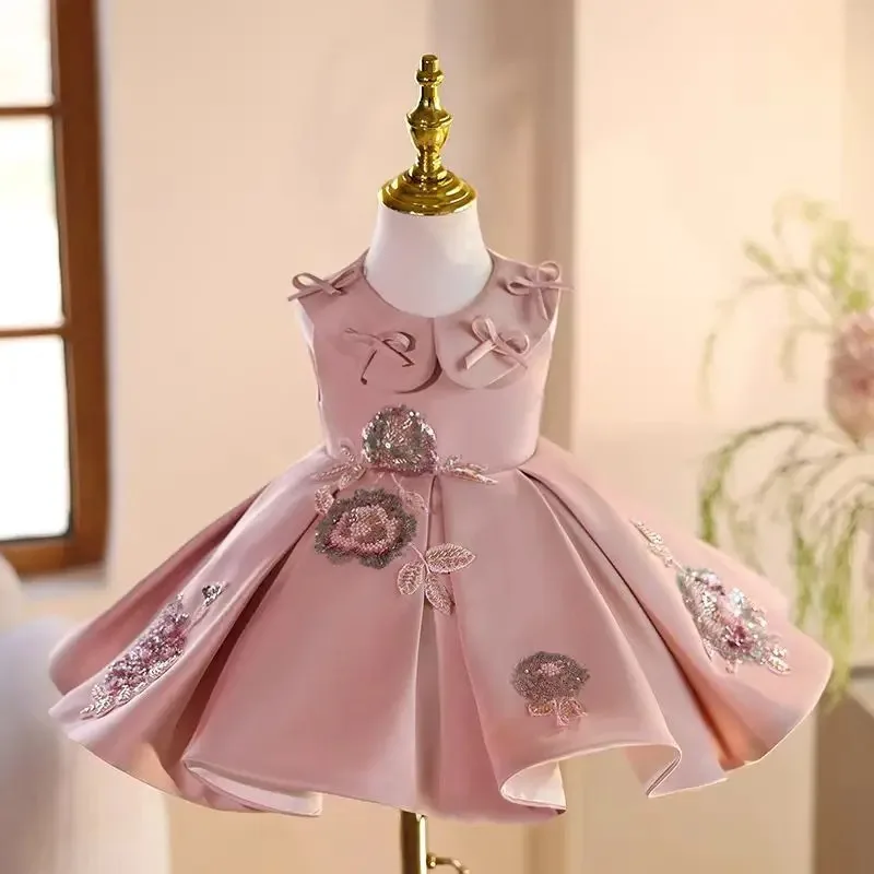 

Luxury Appliques Pink Girl Dress Square Collar Puffy Sleeve Princess Kids Wedding 1st Birthday Pageant Party Gown