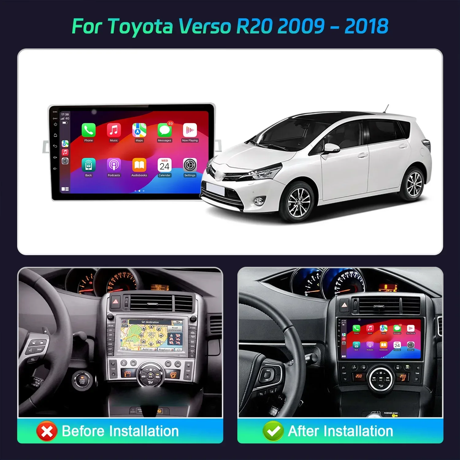 Android14 Car Radio Multimedia Navigation Wireless Carplay Stereo Head Unit Screen For Toyota Verso R20 2009 - 2018