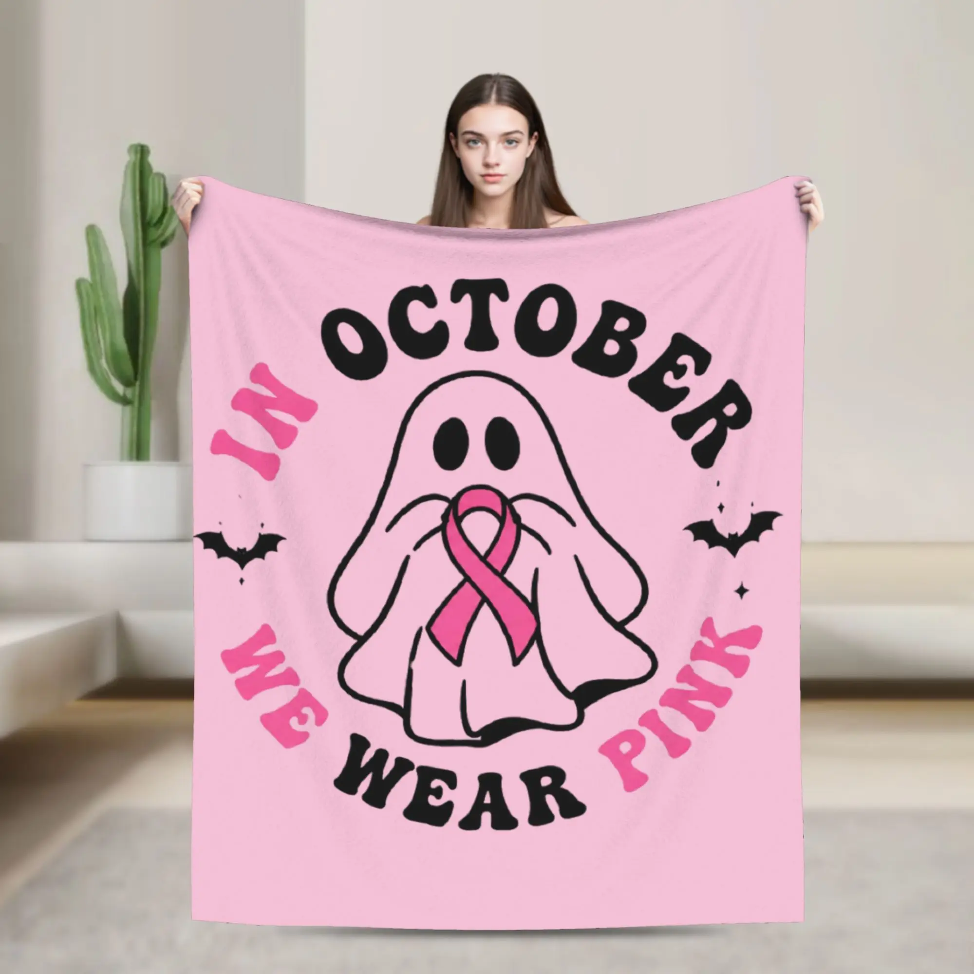 Breast Cancer Awareness Halloween Pink Ribbon October Breast Cancer Fighter Plush Blanket Throw Blankets for Home Sofa Rug Piece