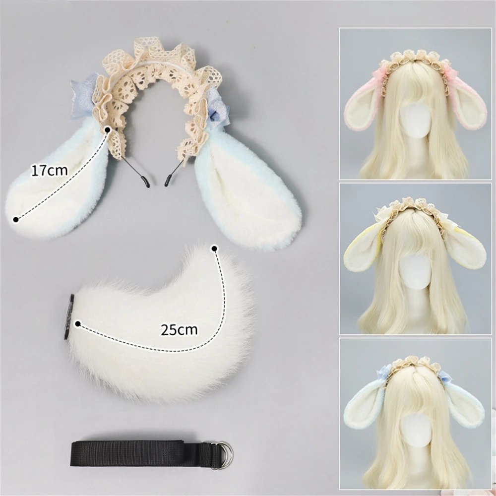 2 Pz/set Lolita Orecchio di Coniglio Hairband KC Orecchio di Coniglio Coda di Coniglio Puntelli Cosplay Arco Orecchio di Coniglio Peluche Copricapi Orecchie di Animali Coda