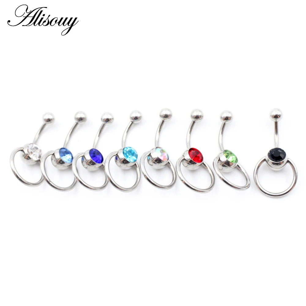 Alisouy 1pc Round Blue Crystal Ball Belly Piercing Ombligo Navel Piercing Belly Ring Stainlss Steel Button Rings Body Jewelry
