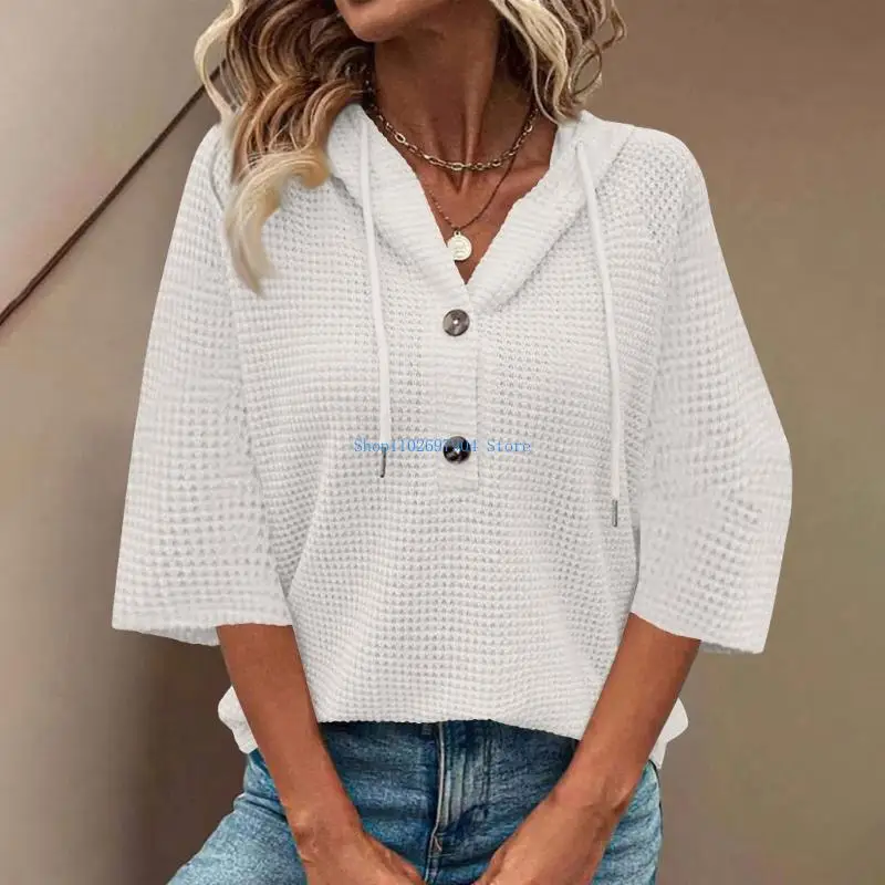 

N7YF Women's knit short-sleeved lightweight drawstring hooded V-neck button-down casual top