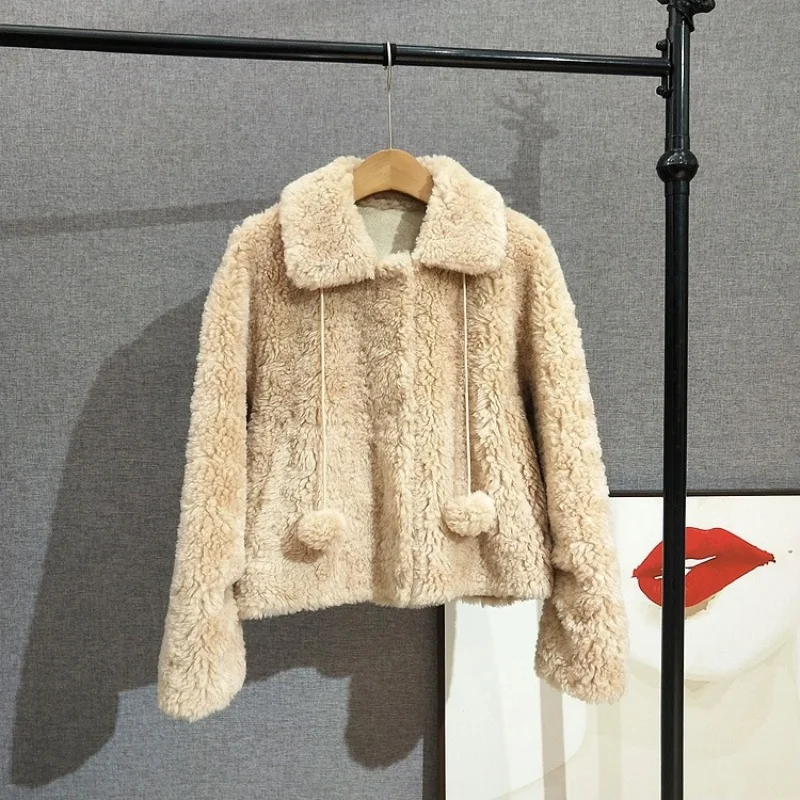 สาวน่ารัก Ball ที่ถอดออกได้หนุ่มสไตล์แกะ Shearling Coat ขนสัตว์บริสุทธิ์ขนสัตว์เสื้อแจ็คเก็ตสั้น JT508