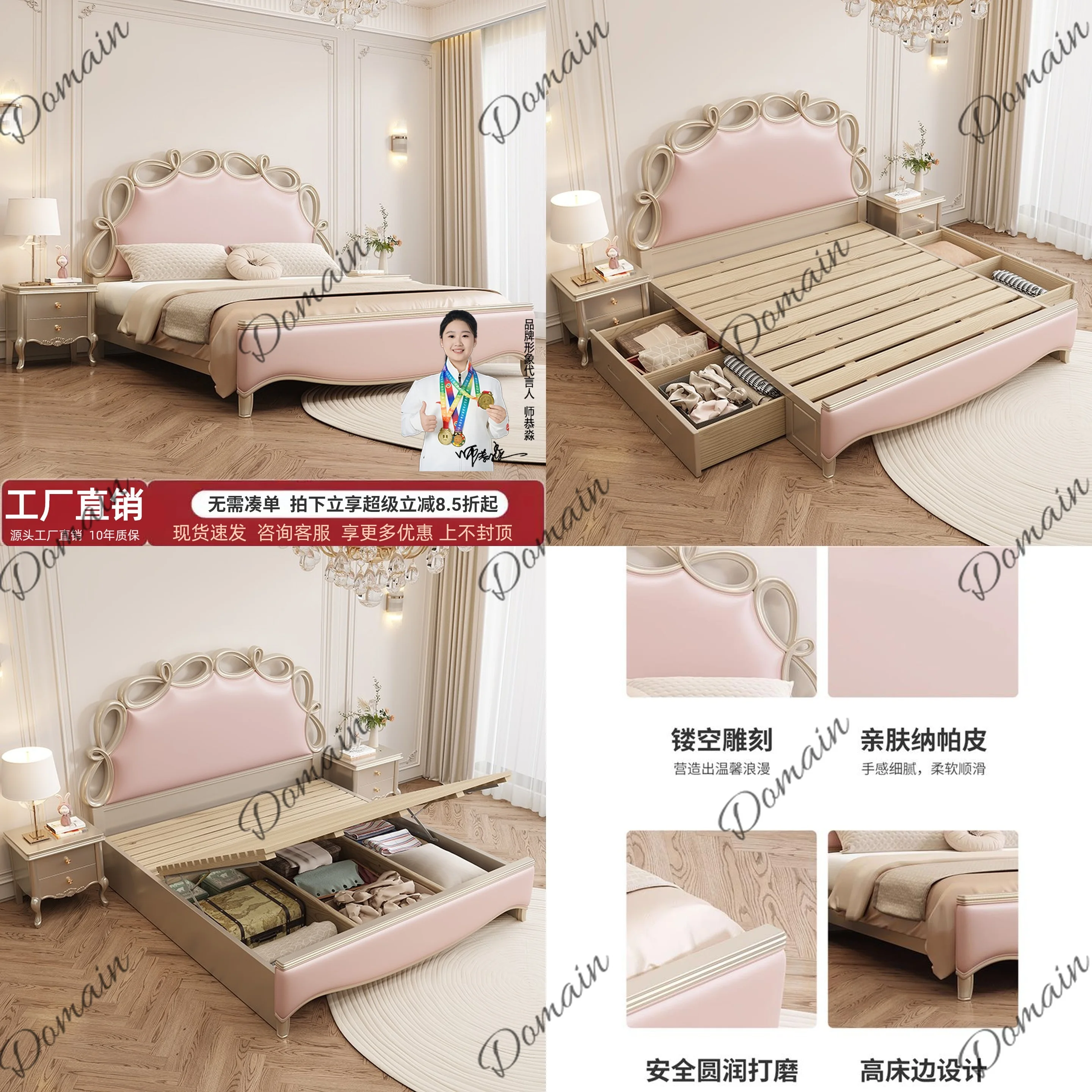 Modern Minimalist Solid Wood Double Bed with Genuine Leather Upholstered 1.8m Luxury Storage Queen Size for Master Bedroom