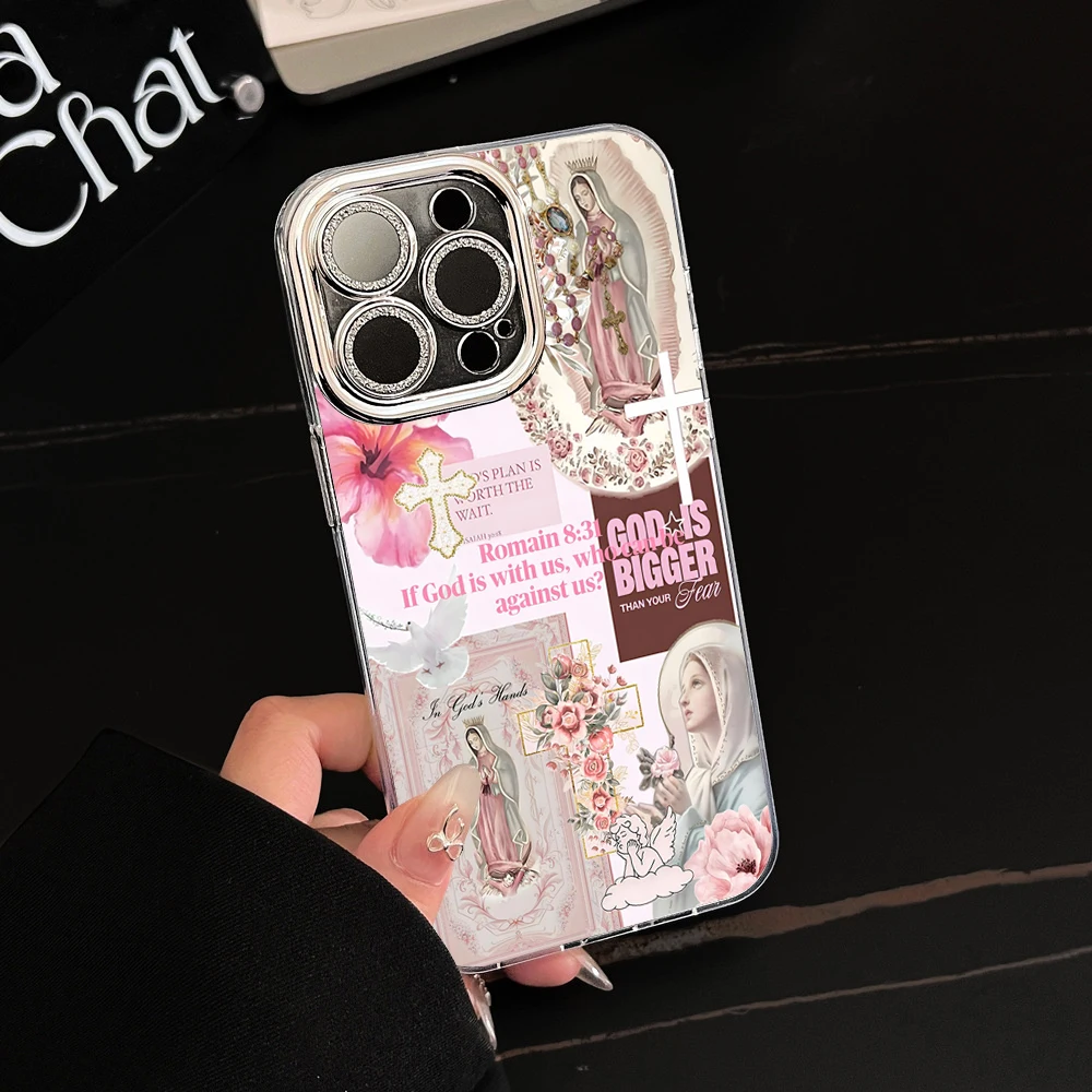 Funda de Lujo con Diseño de Patrón Religioso a Prueba de Golpes para iPhone 17 16 15 13 14 Pro Max 11 12 7 8 Plus XR XS 16E, Funda Láser Plateada de Lujo