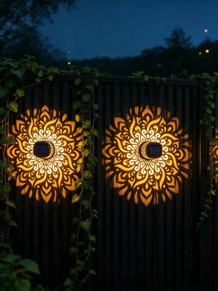LED Solar Mandala Wandleuchte mit Durchbrochener Projektion, Gartenbeleuchtung für Außenbereich, Dekorative Landschaftsbeleuchtung für Garten, Rasen, Zaun und Veranda