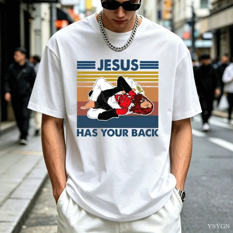 Men Clothing Jesus Has Your Back Jiu Jitsu Vintage Christian Short-sleev Tops Male Kawaii Clothing Oversized T Shirt Ropa Hombre