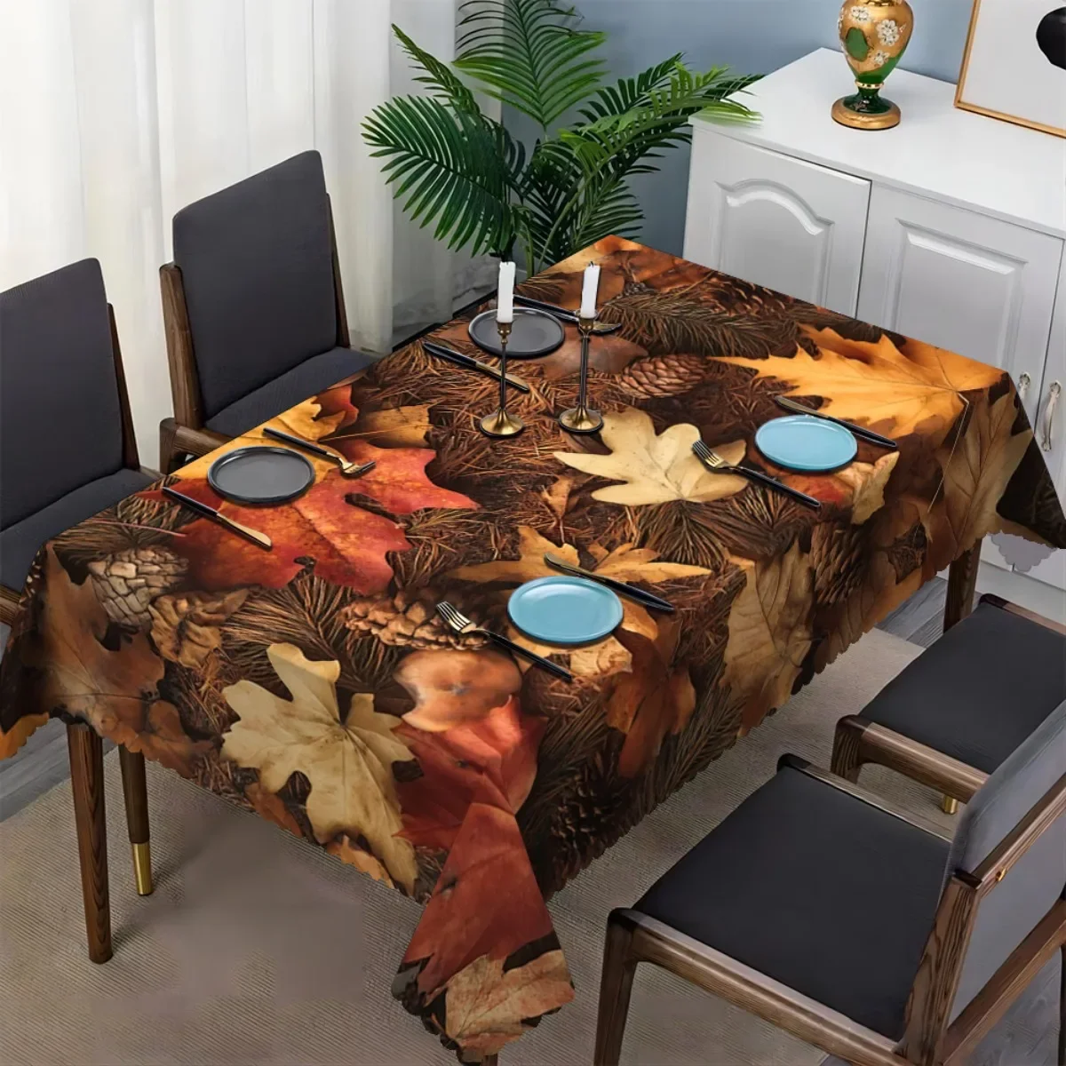 Autumn Fall Leaves Tablecloth Waterproof Runner for Dining Room Decor Thanksgiving Harvest Seasonal Table Cover