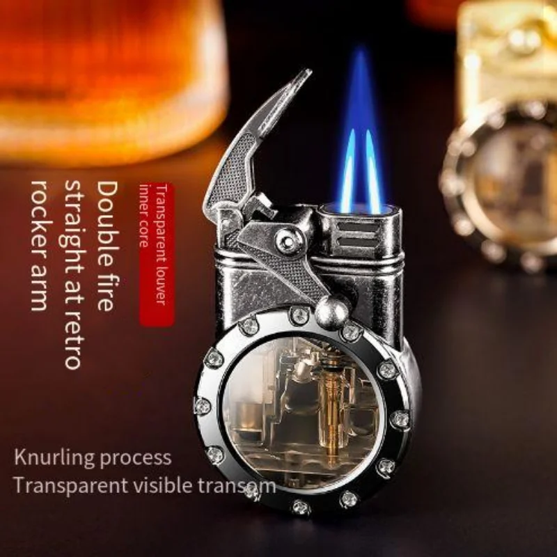 Retro Transparent Visible Inflatable Lighter with Double Straight Blue Flame Lighter Men\'s High-end Gift Available for Wholesale