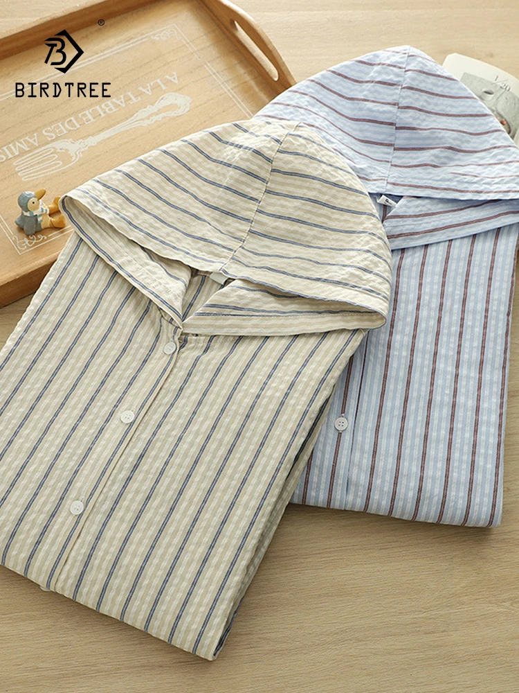 

New 2025 Autumn Cotton Hooded Shirt, Women Long Sleeve Striped, Mori Girl Retro Casual Versatile Sunscreen Loose Blouse T57380CC