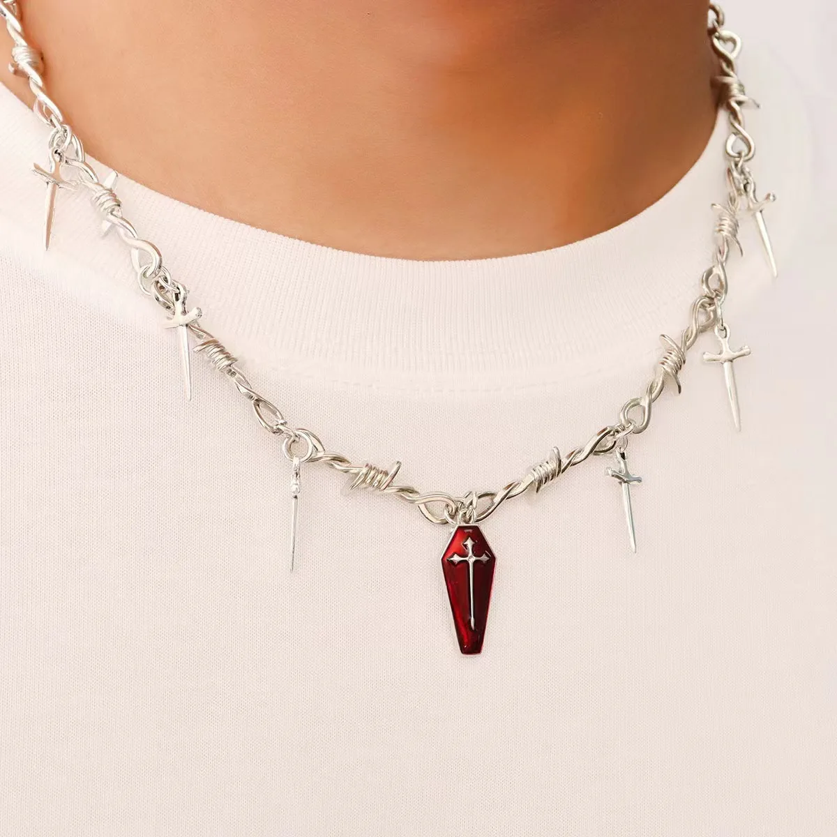 Gothic Barbed Wire Chain Necklace Red Coffin Cross Pendant Necklace Punk Dark Style Neck Chain Women Party Jewelry Gift