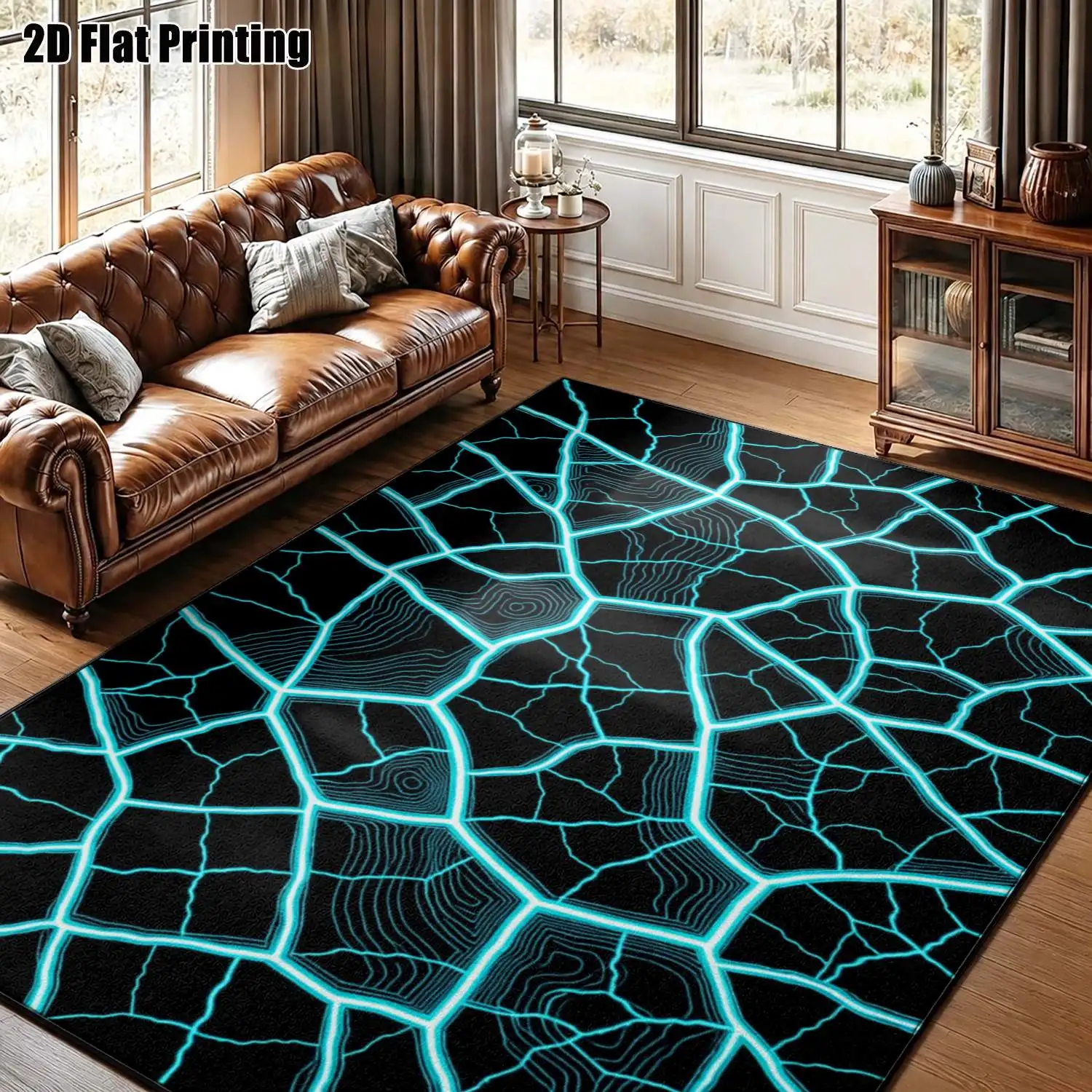 1Pc 2D Printed Lake Blue Cracked Geometric Carpet: Modern Minimalist Instagram Style, Machine Washable, Multi-Size, Ideal for Home Decor, Door Mats, Dining, Foyer, Study, Living Room & Bedroom Floors