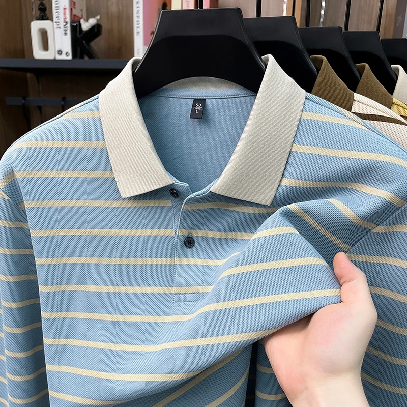 Light Luxury striped long sleeve men's polo shirt skin friendly comfort mercerized cotton new high-quality casual autumn T-shirt