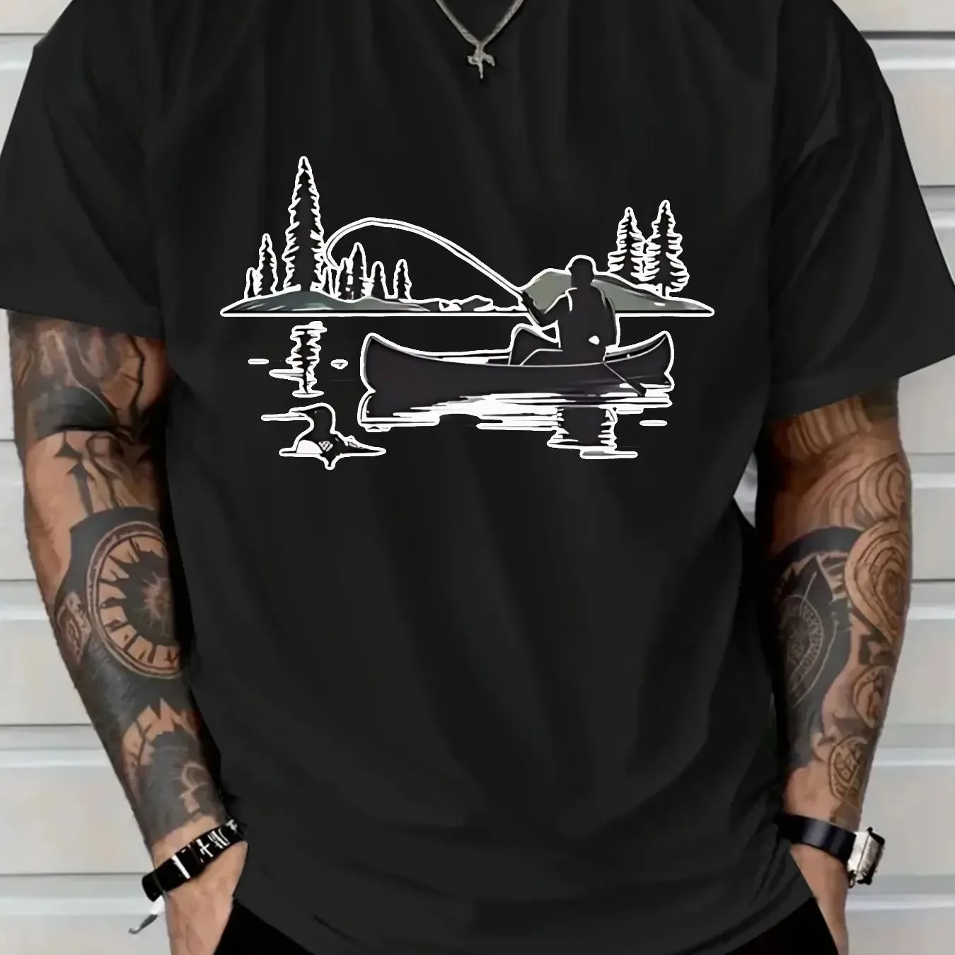 تي شيرت قطني غير رسمي للرجال لعام 2025 مع مشهد صيد ناعم مطبوع عليه تنفس وأكمام قصيرة ورقبة مستديرة ملابس رجالية #1