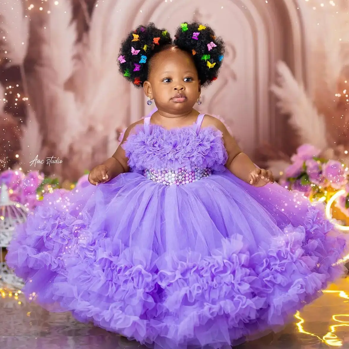 Vestidos de fiesta de cumpleaños para niñas con perlas de lavanda, vestidos personalizados con volantes y flores moradas para niñas, vestidos de baile para bebés y niños para sesión de fotos