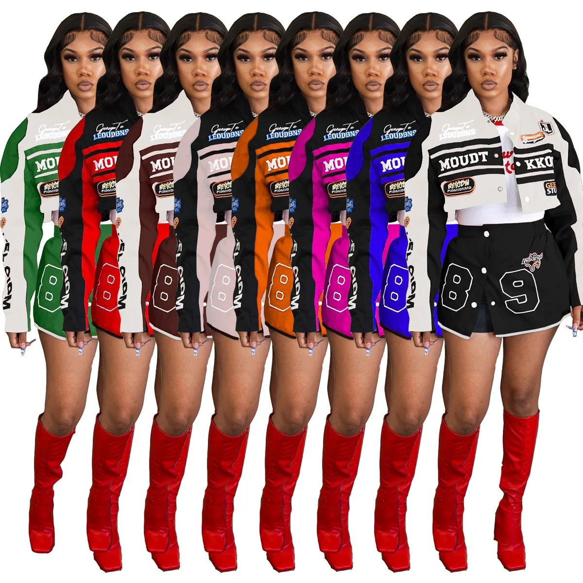 Cropped Jacket 2 Piece Skirt Sets Y2K Streetwear Winter Clothes Women Cyber Racer Varsity Jackets Sexy Two Piece Skirt Sets