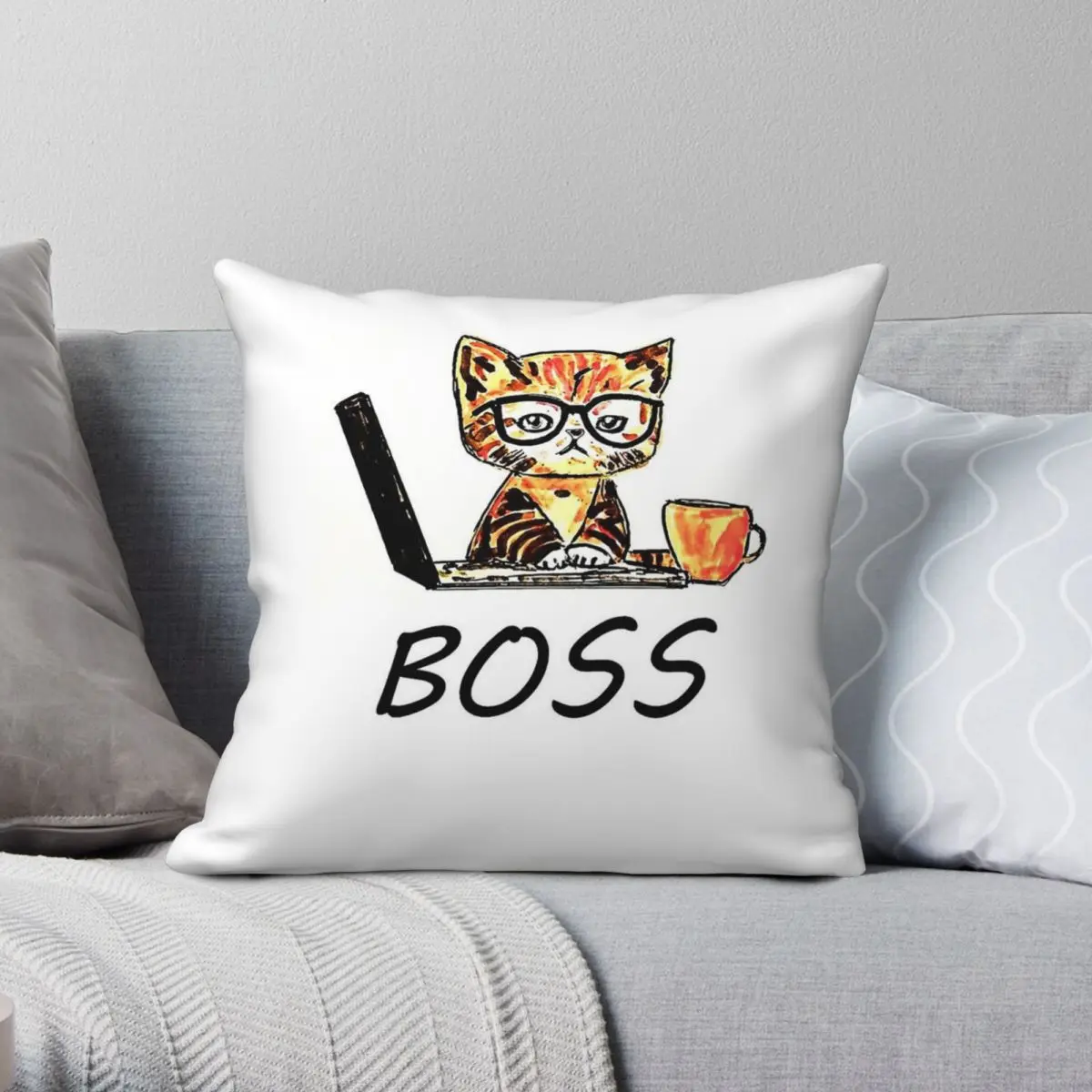 بوس كات كمبيوتر محمول مربع المخدة البوليستر الكتان المخملية الإبداعية البريدي ديكور غطاء وسادة أريكة 18" #1