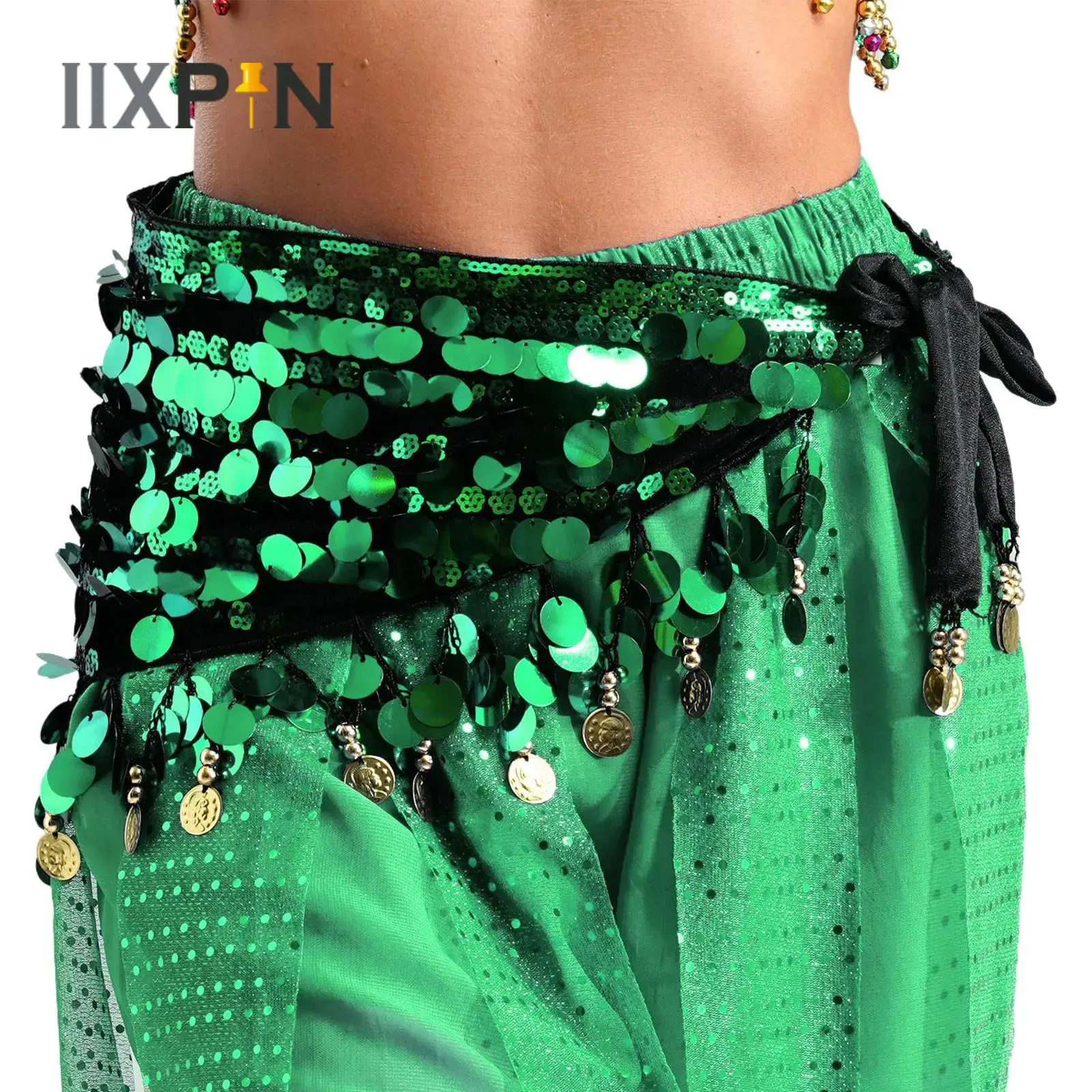 

Womens Sequins Belly Dance Hip Scarf Fashion Lace-up Velvet Skirt Wrap Rave Festival Stage Performance Costume Accessories