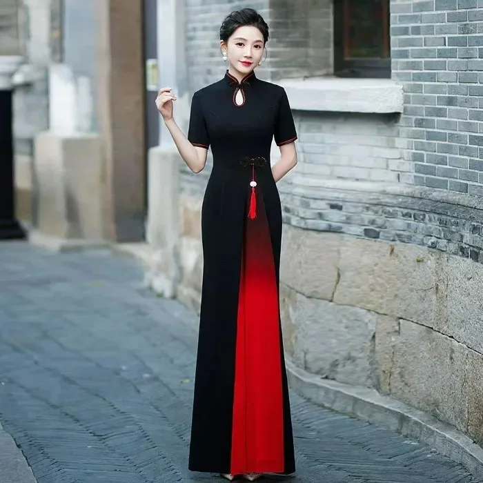 

Длинное платье Cheongsam с подвеской, улучшенная версия, элитное женское платье в китайском стиле для выступлений на сцене, с рукавами принцессы, половина H