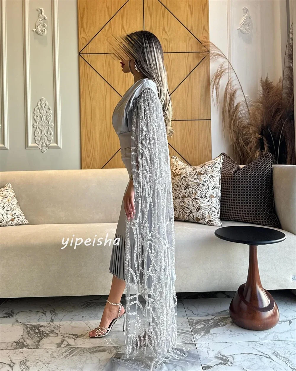 Customized Jersey Sequined Beading Ruched Prom A-line One-shoulder Bespoke Occasion Gown Midi Dresses