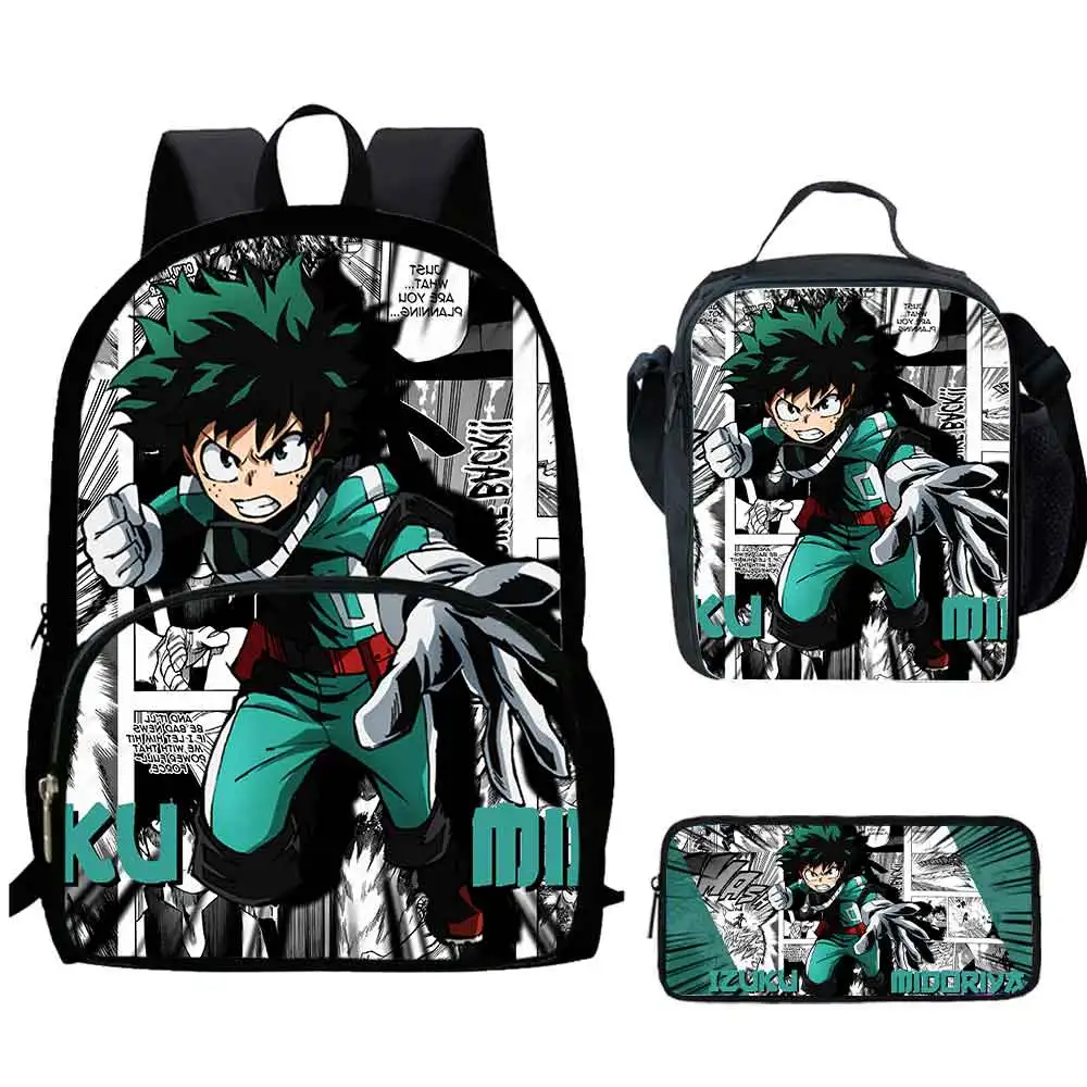 3Pcs Set My Hero Mochila Academia Backpacks with Lunch Bags Pencil Case ,Cartoon Large Capacity School Bags for Grade 1-5