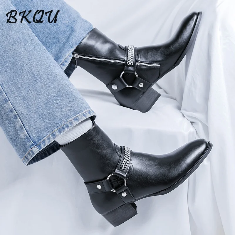 

BKQU Chelsea Zipper Ankle Boots for Men, 2025 Autumn New Style High-top, Tube-shaped, Motorcycle-style Pointed Toe, Casual Boots