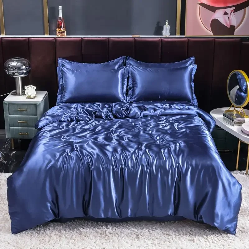 Nordic Satin Silk Bedding Set with Duvet Cover Bed Sheet Pillowcases Luxury Solid Single Double Couple Pillow Case Bedsheet